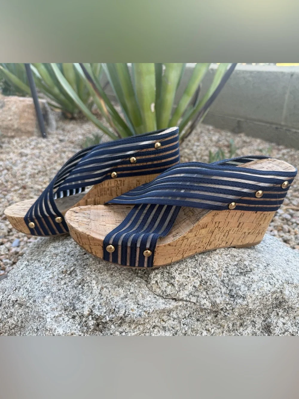 Canyon River Blues Navy Striped Cork Wedge Sandals